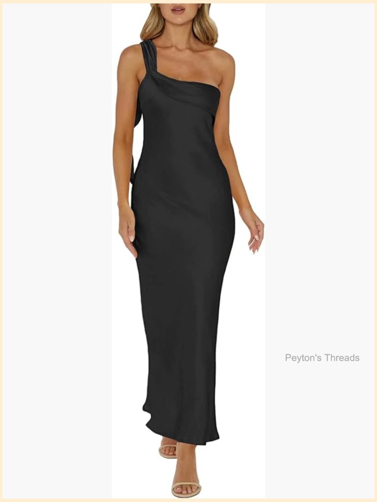 Satin One Shoulder Maxi Dress Ruffle Sleeveless Backless Wedding Guest Formal